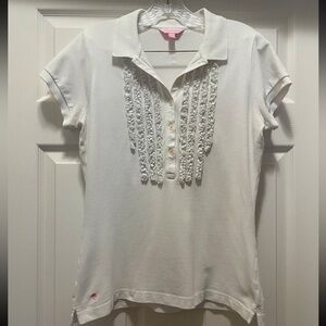 Lilly Pulitzer White Polo Shirt Ruffle Placket Palm Logo Size Large